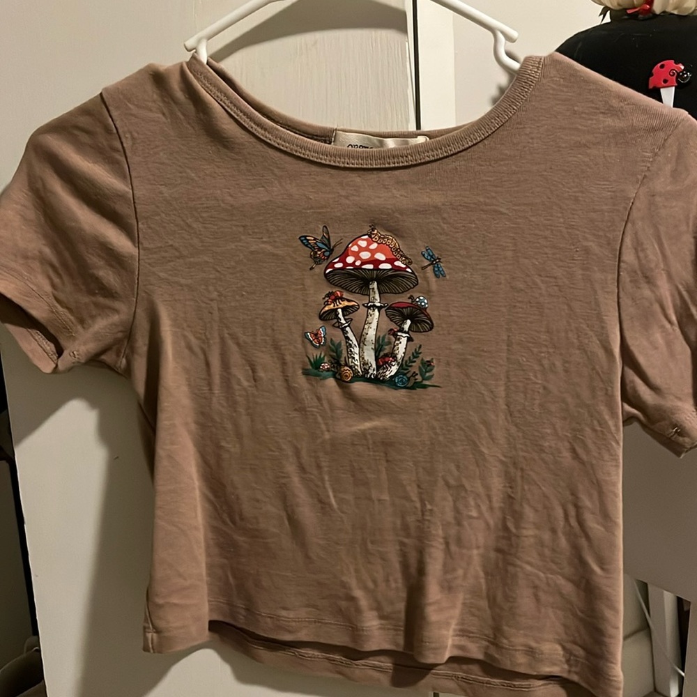 Cropped Brown "Obsessive Love" Mushroom Shirt Cottage Core